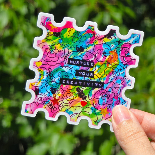 originally hand drawn on paper using ink and various materials, now turned into a stamp shaped sticker!
