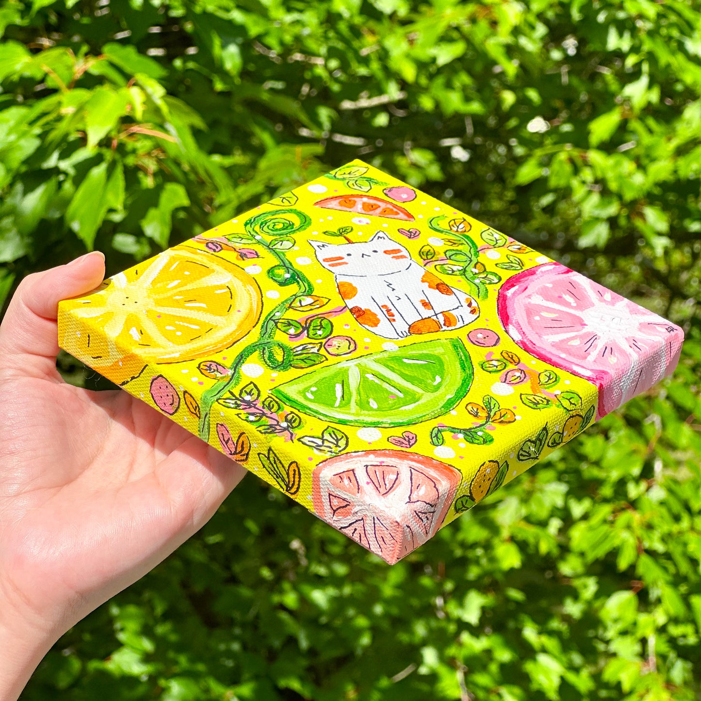 citrus kitty acrylic painting (6x6 canvas)