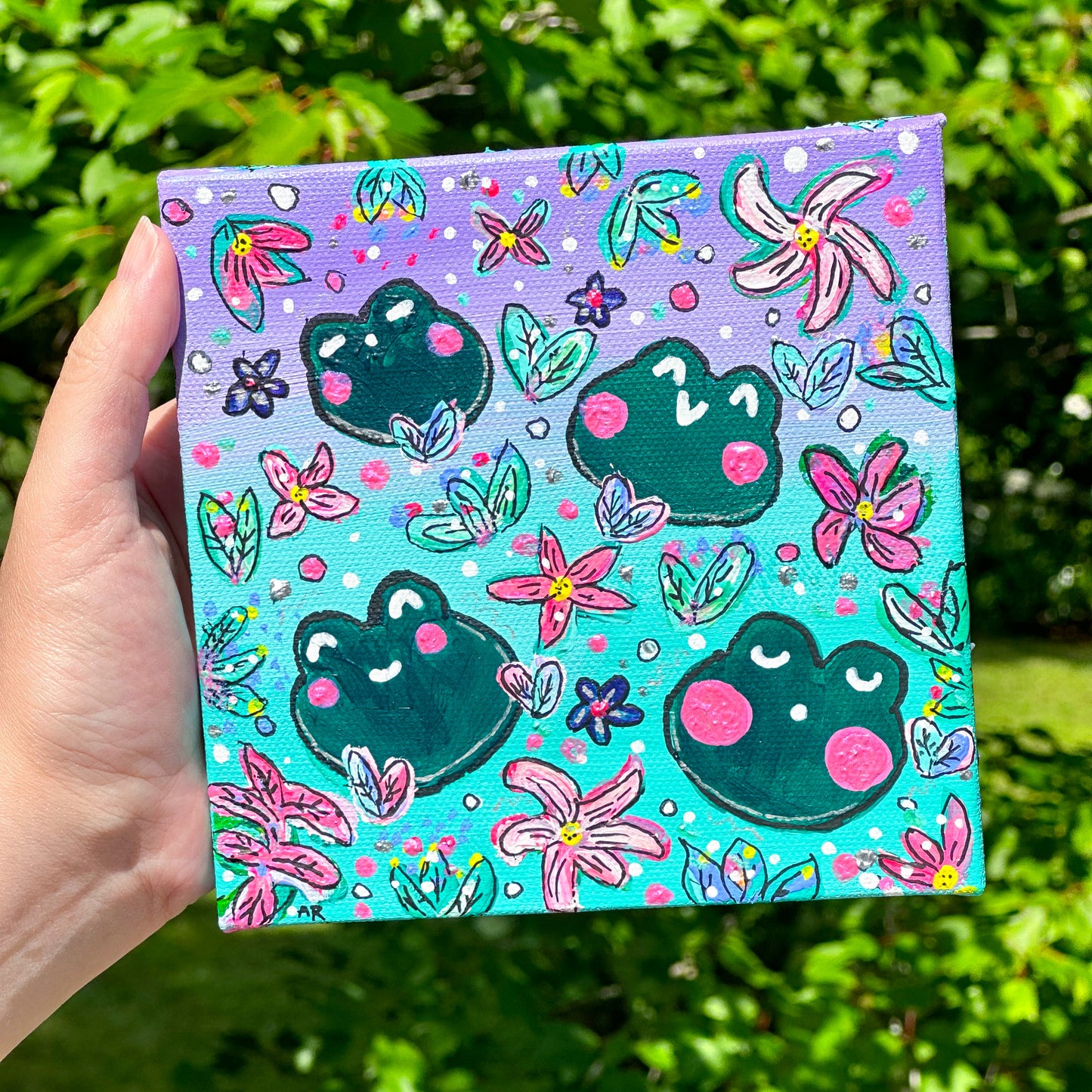 froggy pond acrylic painting (6x6 canvas)