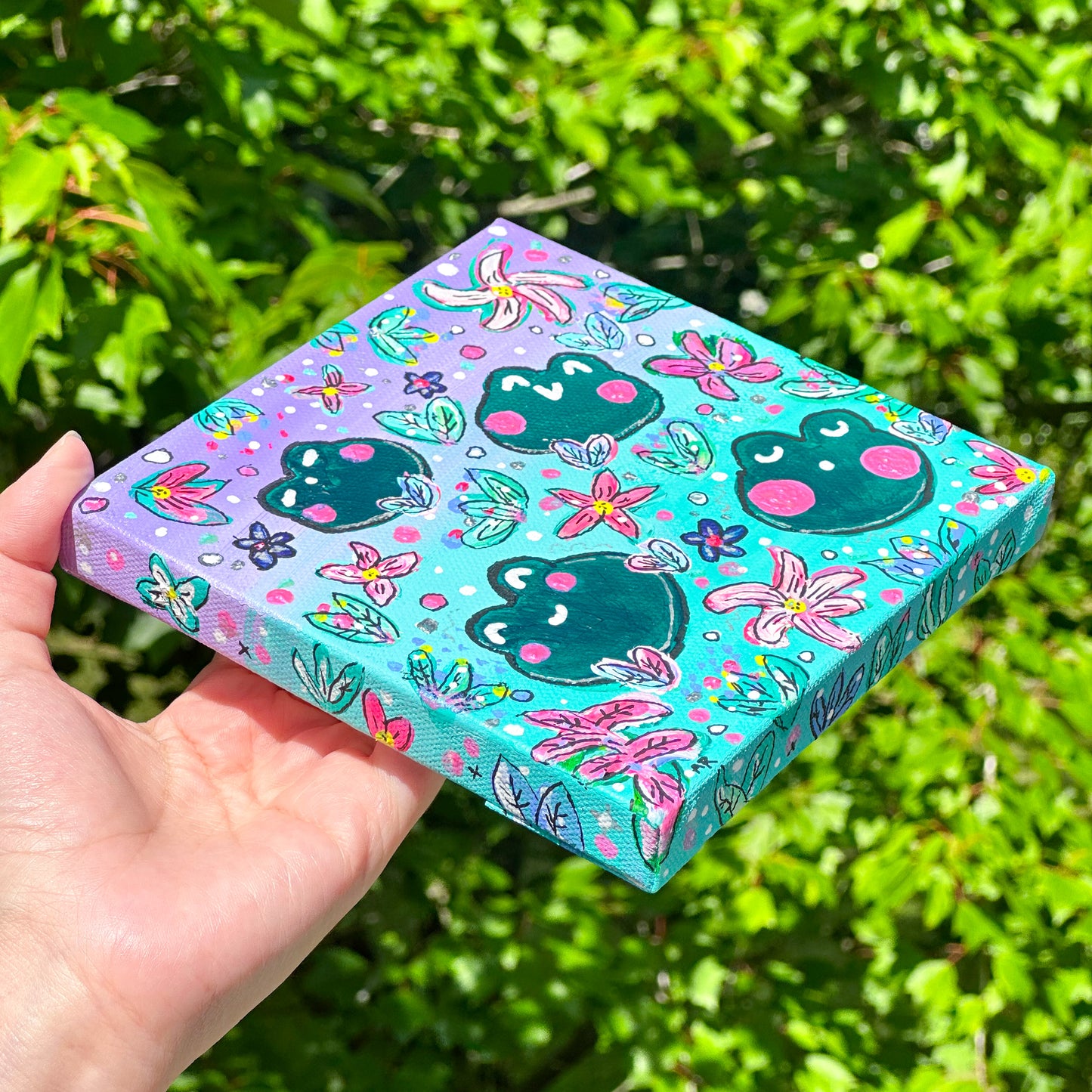 froggy pond acrylic painting (6x6 canvas)