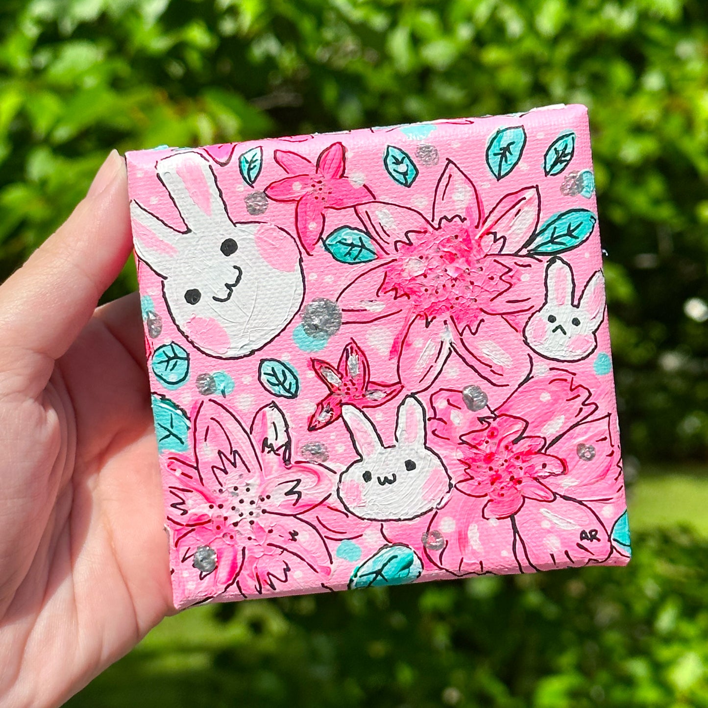 bunny garden acrylic painting (4x4 canvas)