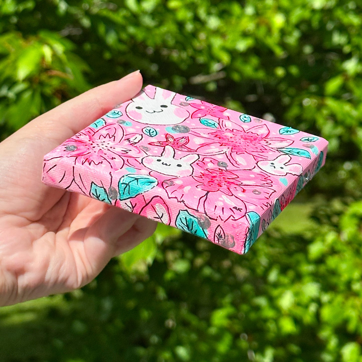 bunny garden acrylic painting (4x4 canvas)