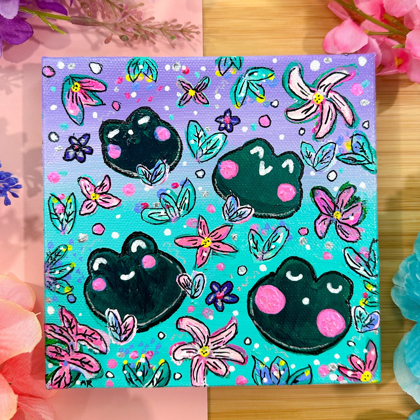 froggy pond acrylic painting (6x6 canvas)