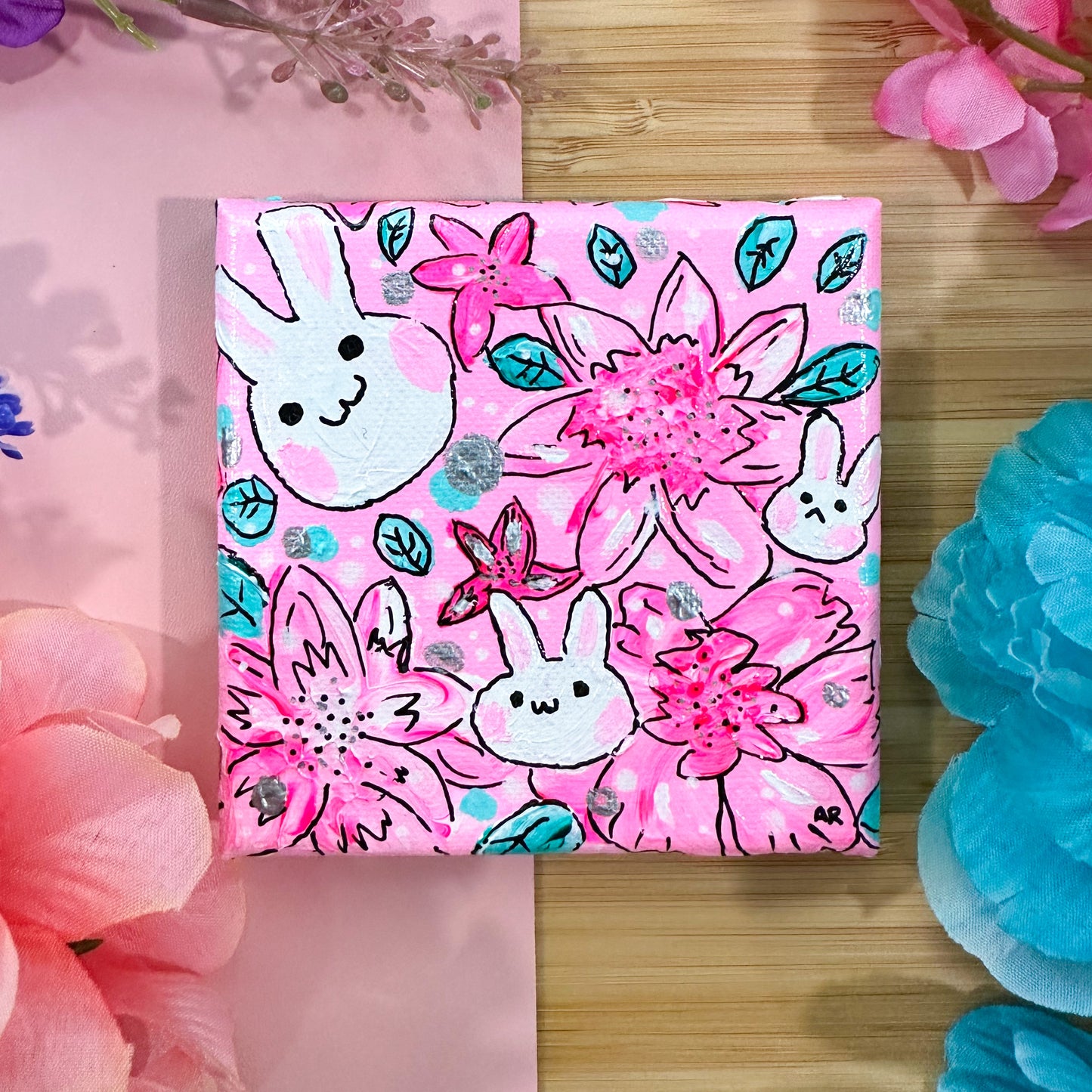 bunny garden acrylic painting (4x4 canvas)