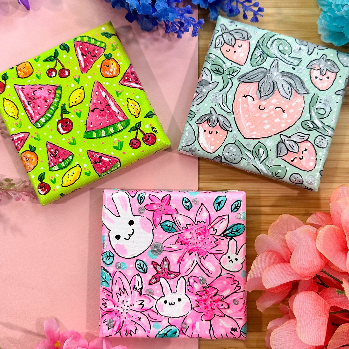 bunny garden acrylic painting (4x4 canvas)