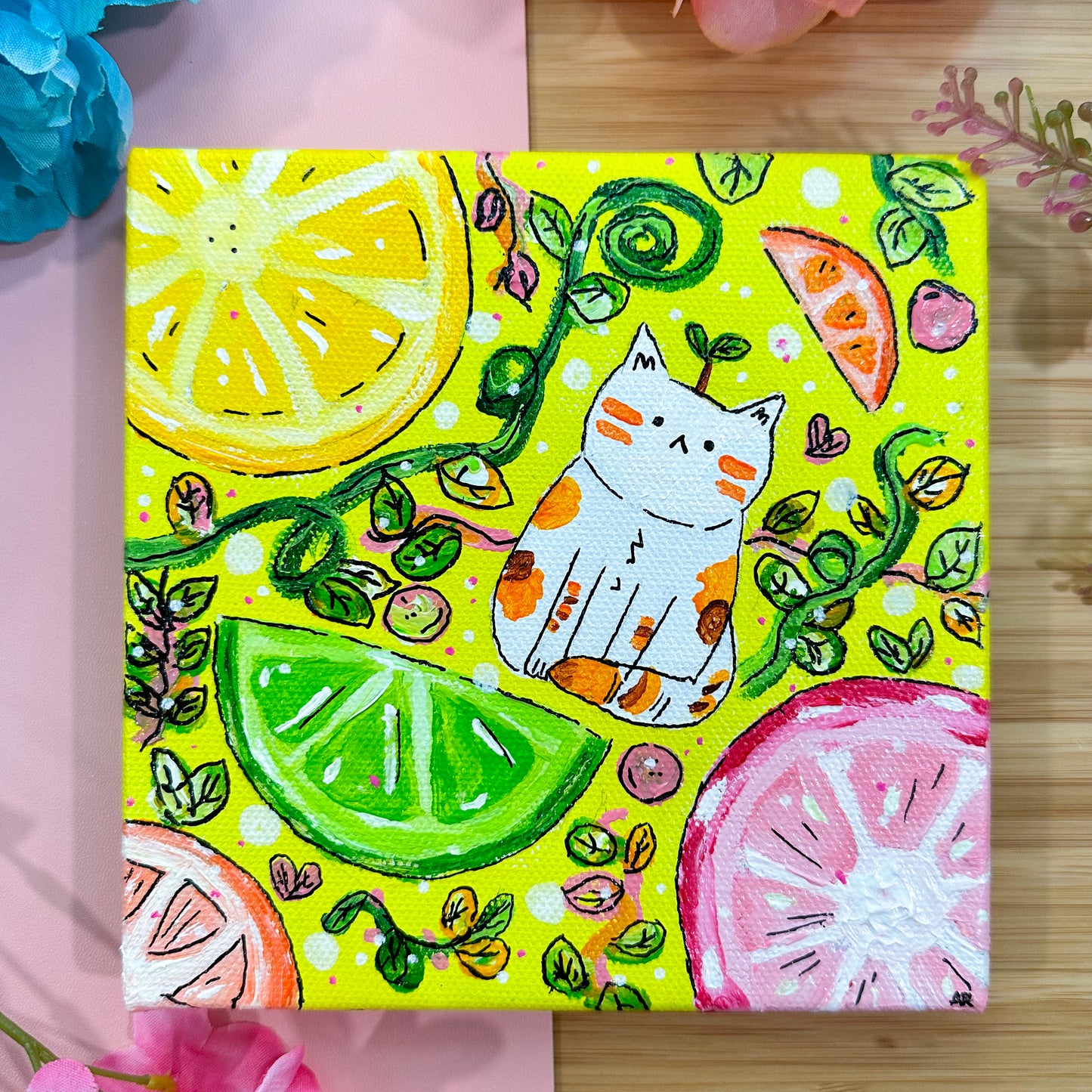 citrus kitty acrylic painting (6x6 canvas)