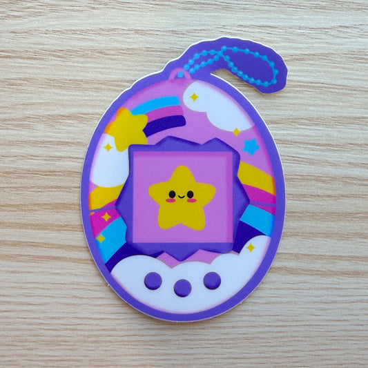 oval shaped 'digital pet' sticker. the pet in the center is a smiling star. the border of the sticker is clouds, stars, and rainbows.