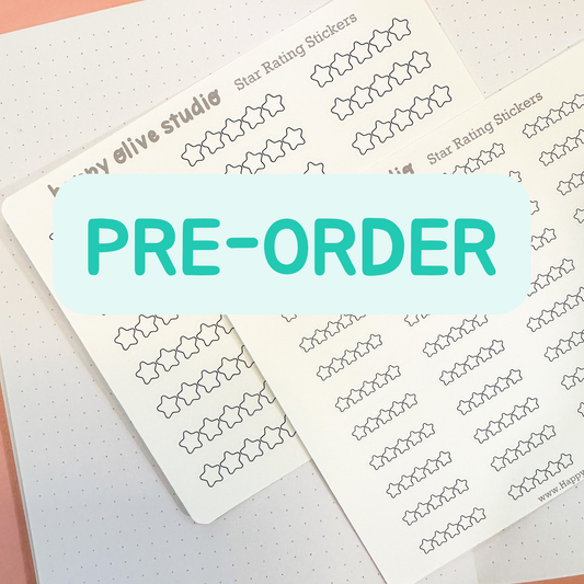 Sheet of star rating stickers with 'PRE-ORDER' text and Happy Olive Studio branding.