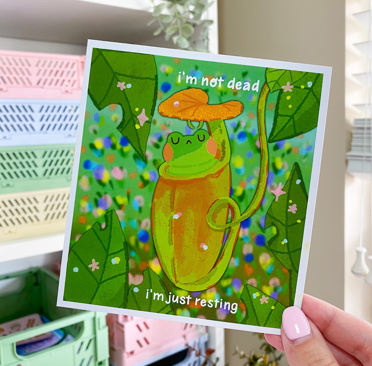 frog resting in plant print