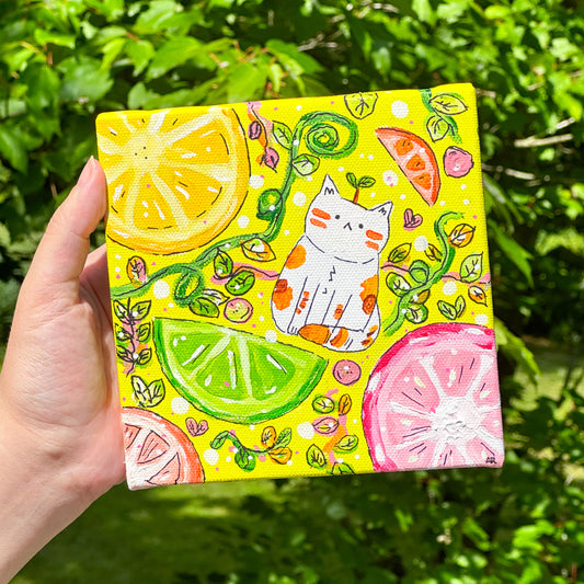 citrus kitty acrylic painting (6x6 canvas)